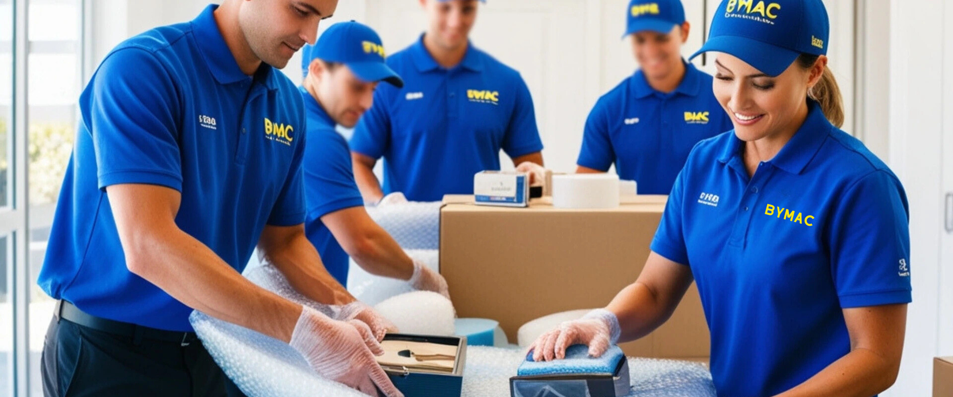 Equipo profesional de mudanzas de BYMAC manipulando cuidadosamente muebles durante un trasteo.